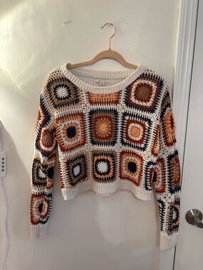 Crochet Patchwork Crewneck Sweater - Cream Multi